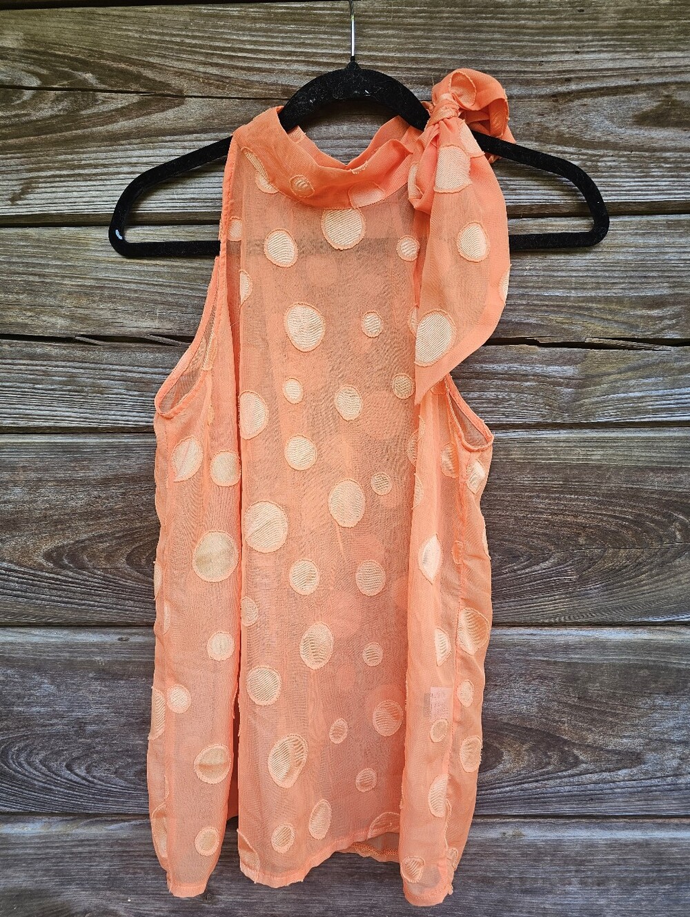 Orange Sheer Polka Dot Bow Neck Sleeveless Blouse Top Size Medium